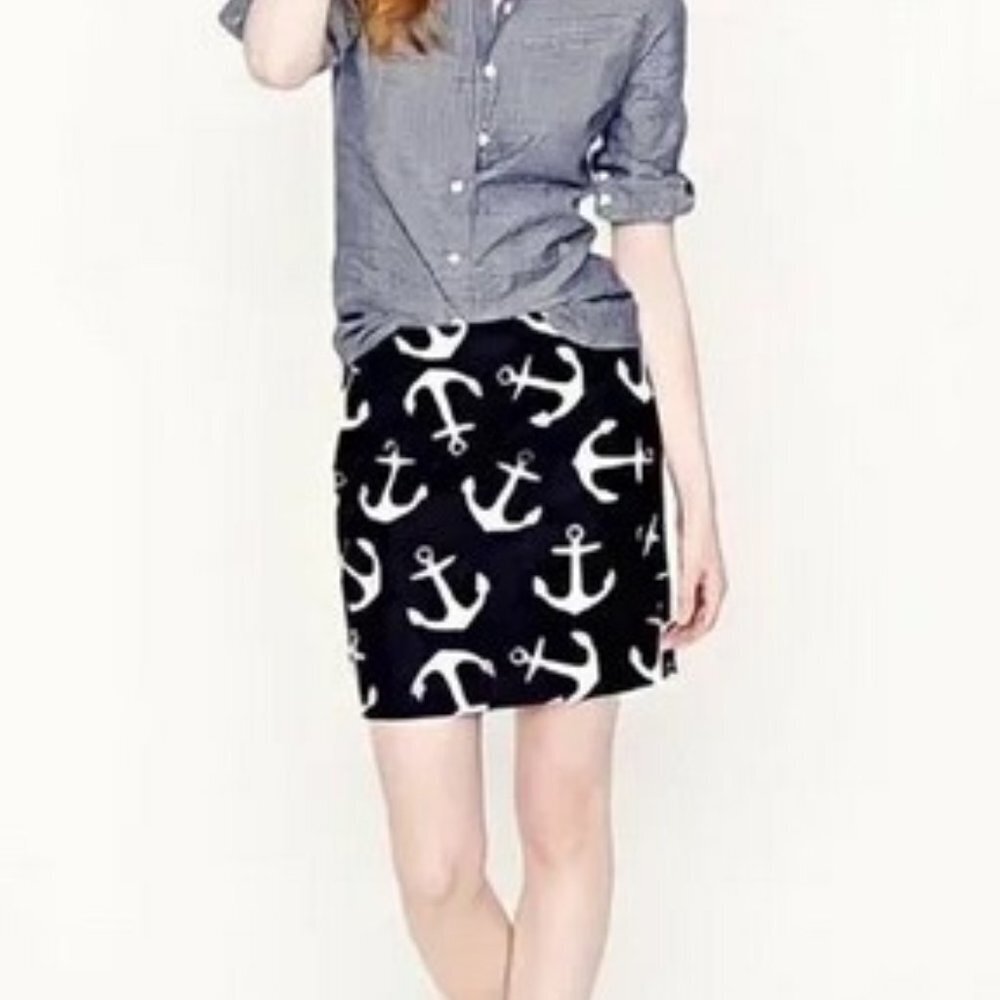 J. Crew Nautical Anchor Blue Navy High Waist Pencil Mini Skirt Size 2